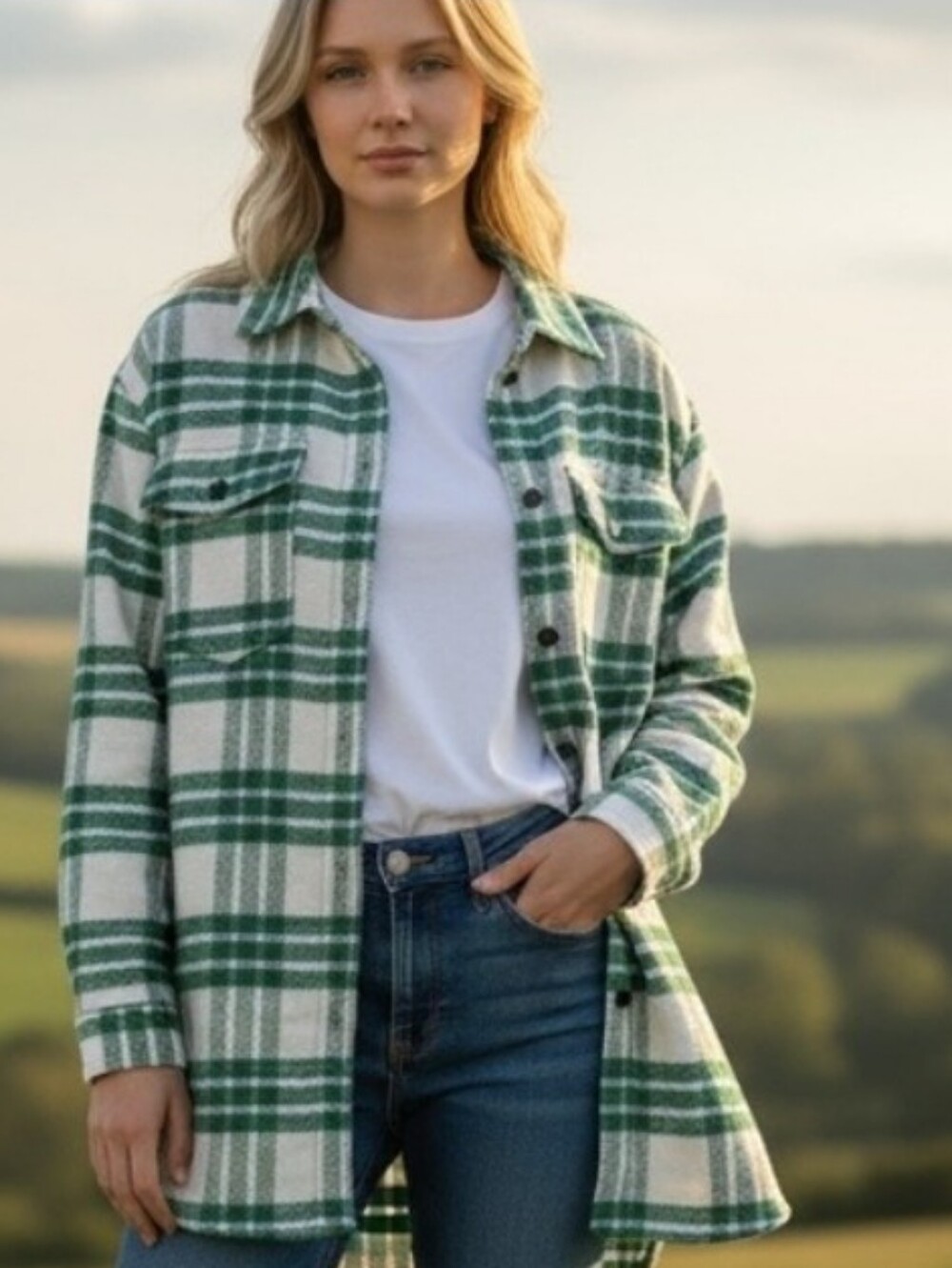 Joie Green Blue & White Plaid Flannel Shacket Shirt Jacket Size Small